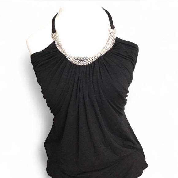 White House Black Market Tops - Y2K Black Flowy Halter Top w/ Chunky Chain Detail